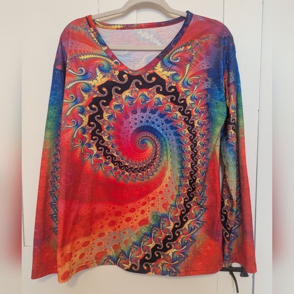 🧡 Boho L Multicolor Long Sleeve Top Shirt Festival Hippie Mod Psychedelic